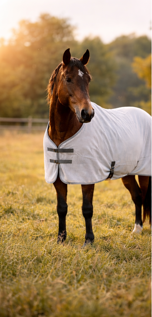 Pferd mit Fliegendecke einfach auf der Weide