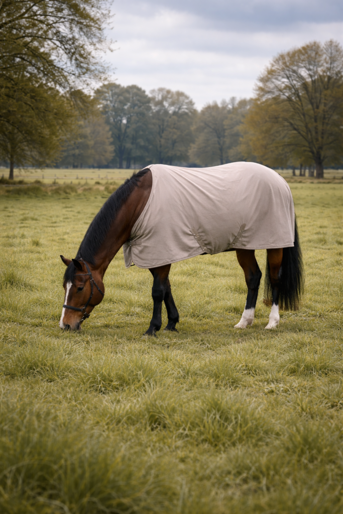 Pferd mit Decke auf Weide grasend