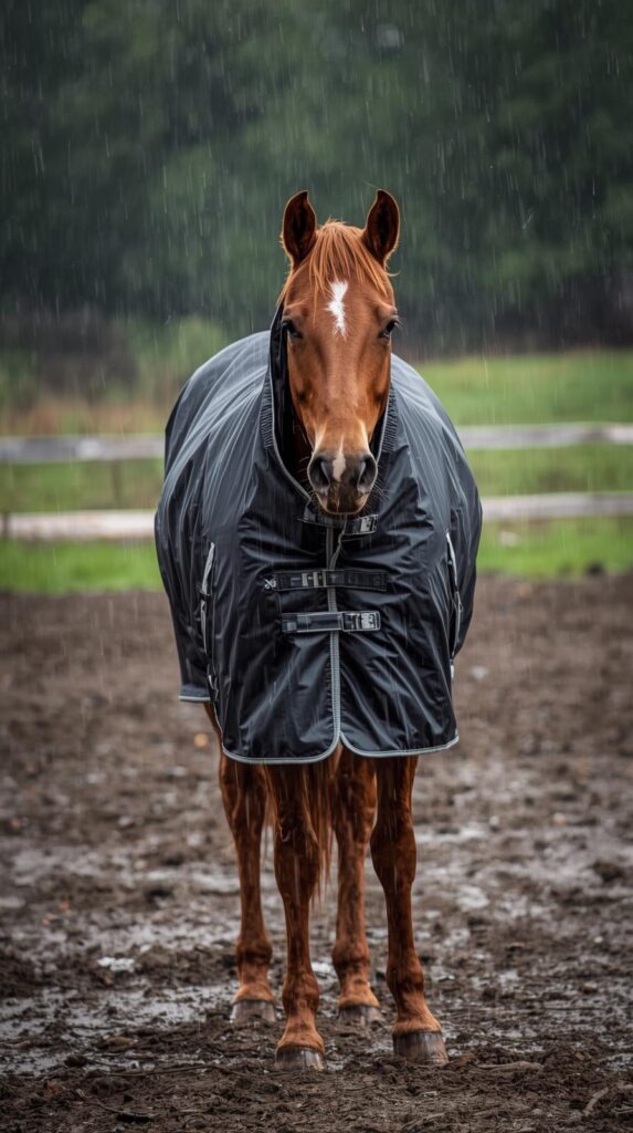 Pferd mit Decke im Regen