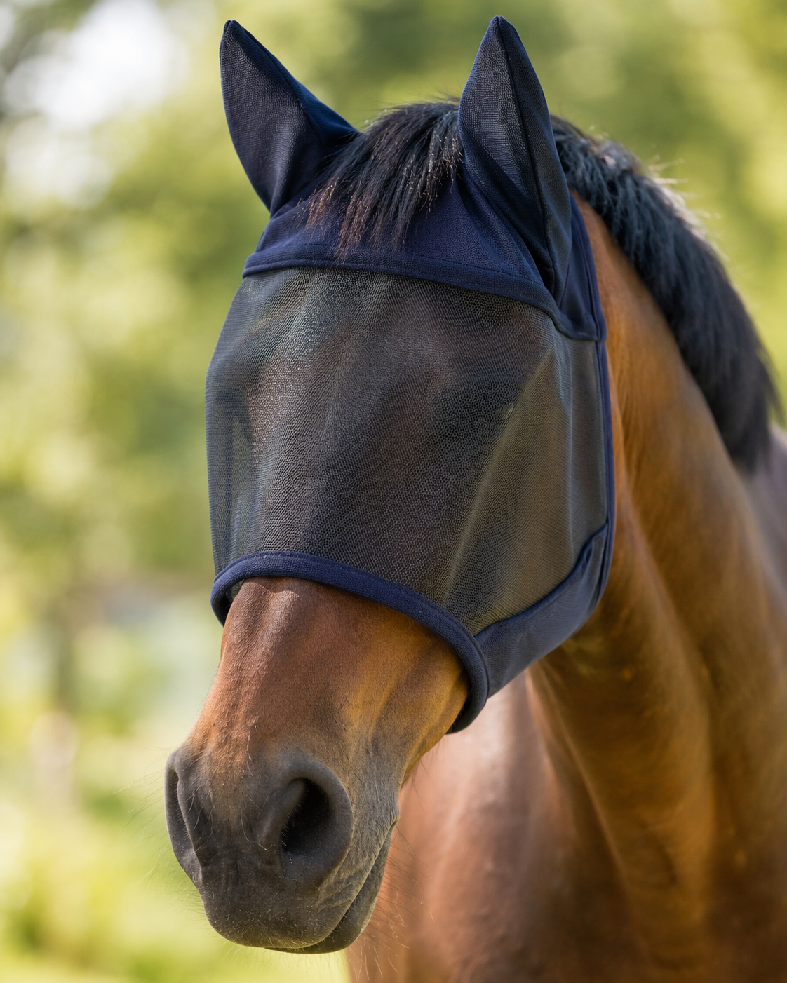 Braunes Pferd mit Fliegenmaske