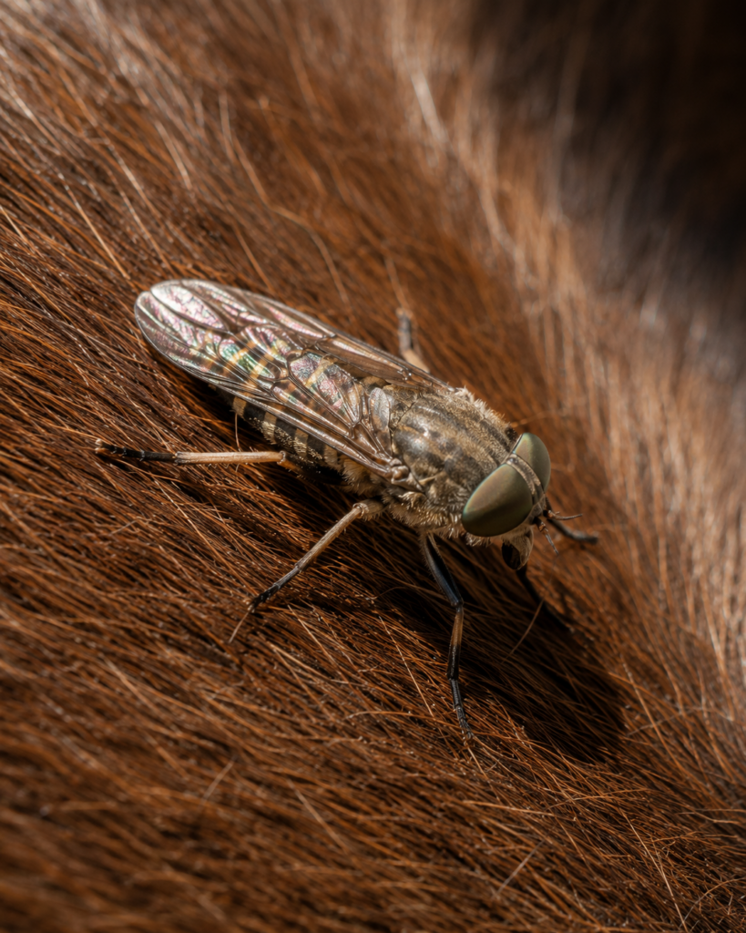 Bremse auf dem Fell eines Pferdes – Insektenschutz wichtig