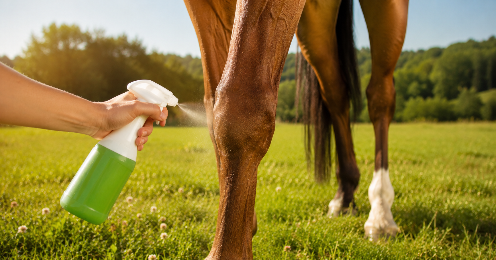 Fliegenspray wird auf Pferd aufgetragen im Sommer 2