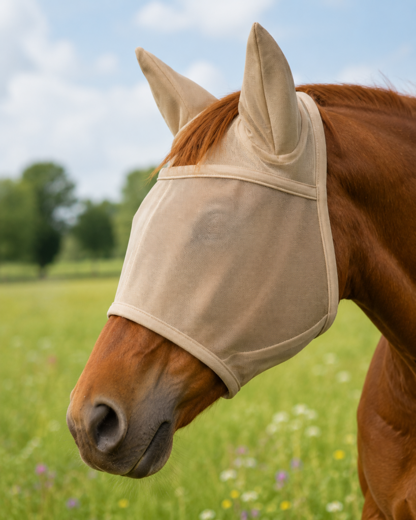 Fuchs mit Fliegenmaske mit Ohrenschutz – Nahaufnahme