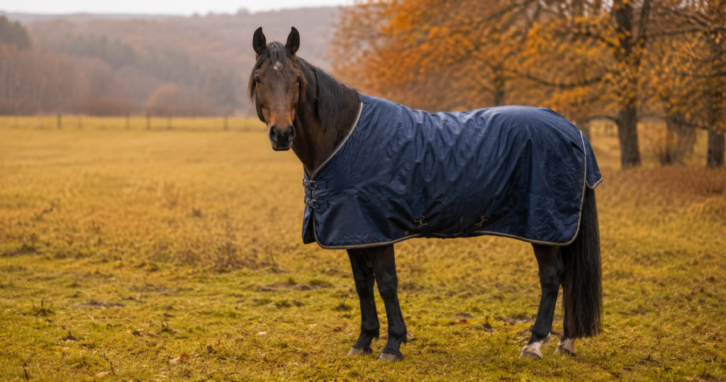 Pferd mit Winterdecke im Regen – Pferdedecken Vergleich