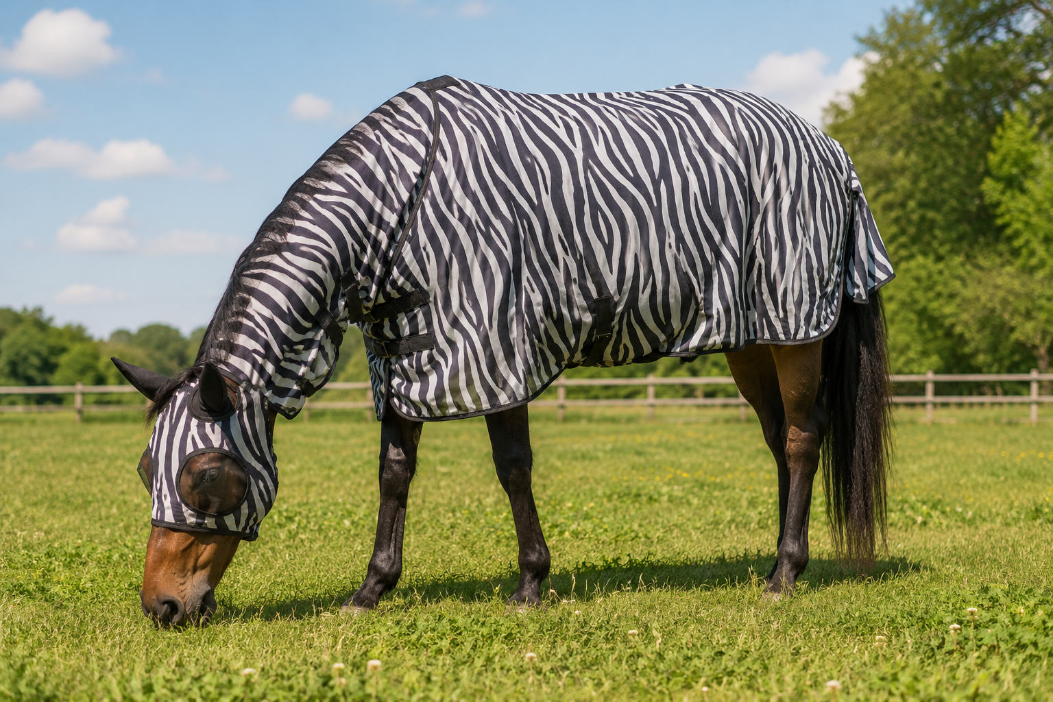 Pferd mit Zebramuster Fliegendecke als Bremsenschutz