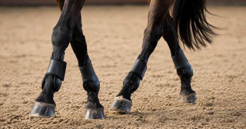 Pferd mit schwarzen Gamaschen auf Sandboden – Gamaschen Vergleich