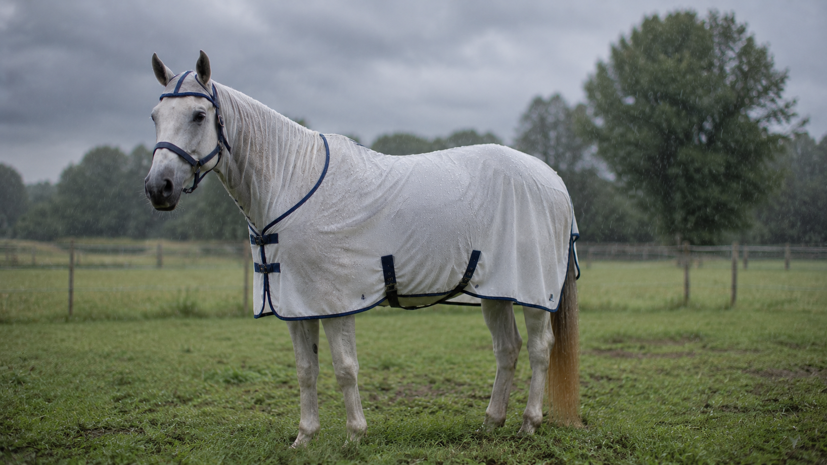 Pferd mit nasser Fliegendecke im Regen – wann abnehmen, wann lassen?