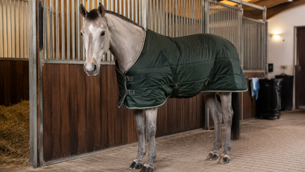 Geschorenes Pferd im Stall mit Winterdecke – Decke nach der Schur Pflicht