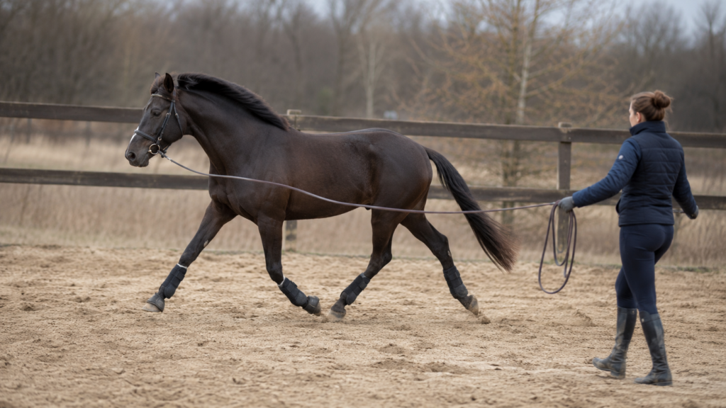 Junges Pferd beim Longieren mit Gamaschen – sinnvoller Schutz ab dem Training