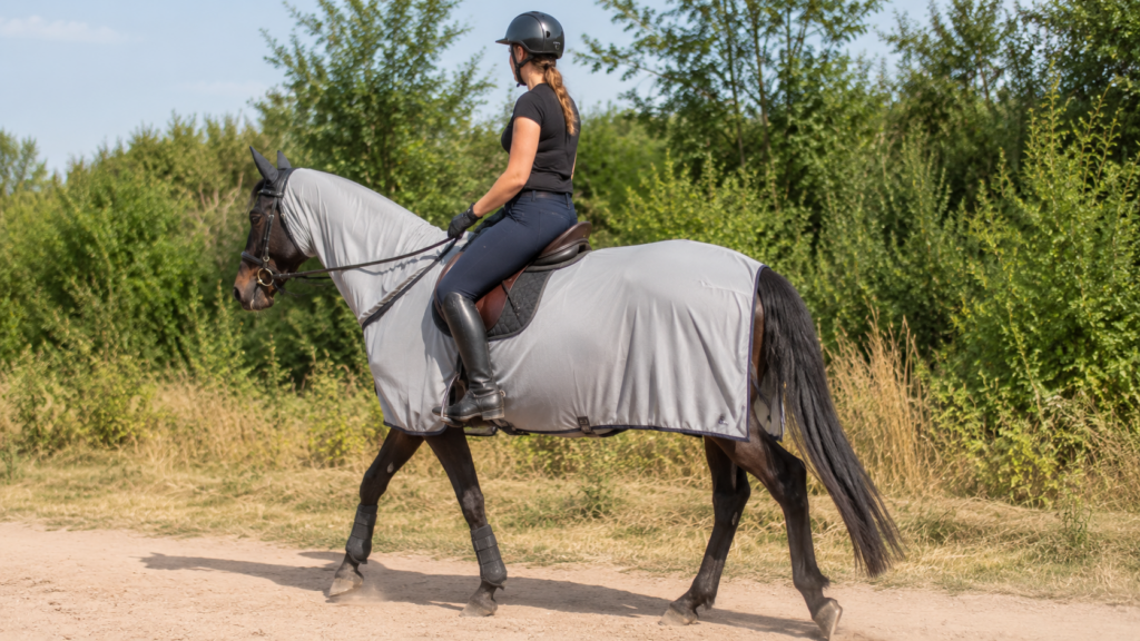 Pferd beim Ausreiten mit Fliegenausreitdecke und Sattelausschnitt