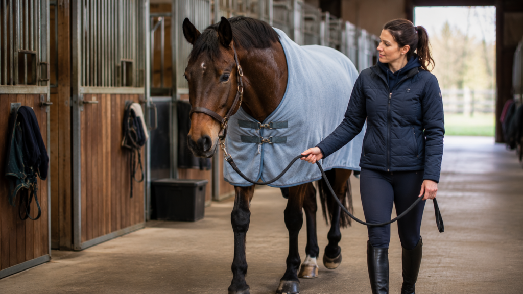 Pferd mit Abschwitzdecke beim langsamen Abwärmen nach dem Training