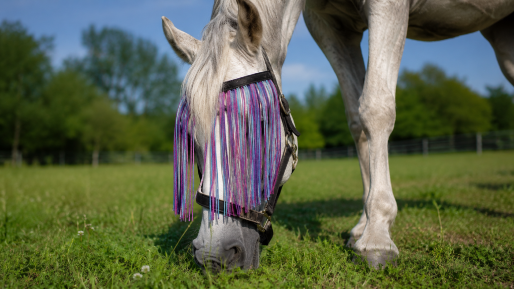 Pferd mit Fliegenfransen am Halfter auf der Sommerweide