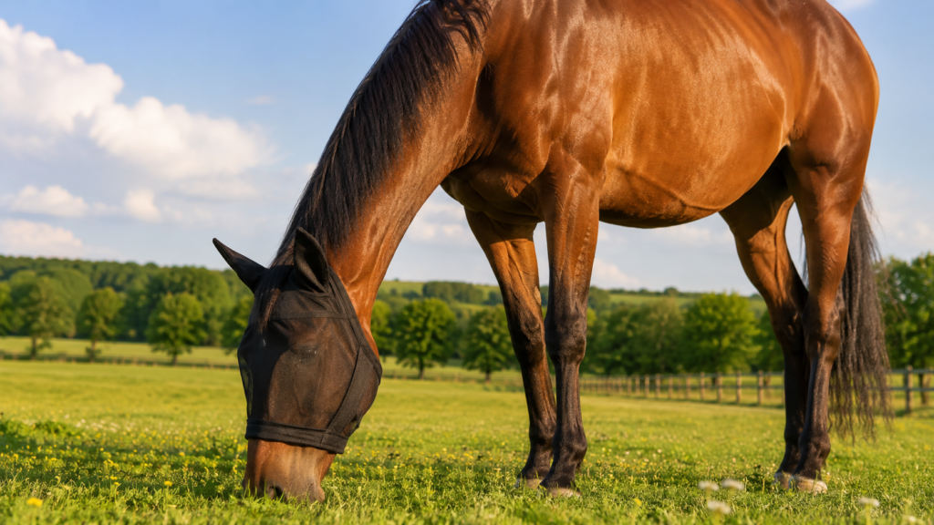 Pferd mit Fliegenmaske beim Grasen auf der Sommerweide