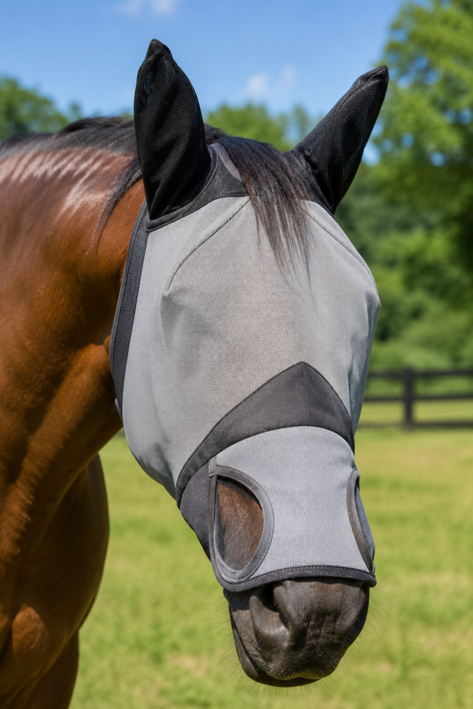 Pferd mit Fliegenmaske und Nüsternschutz – Rundumschutz für empfindliche Nasenpartie
