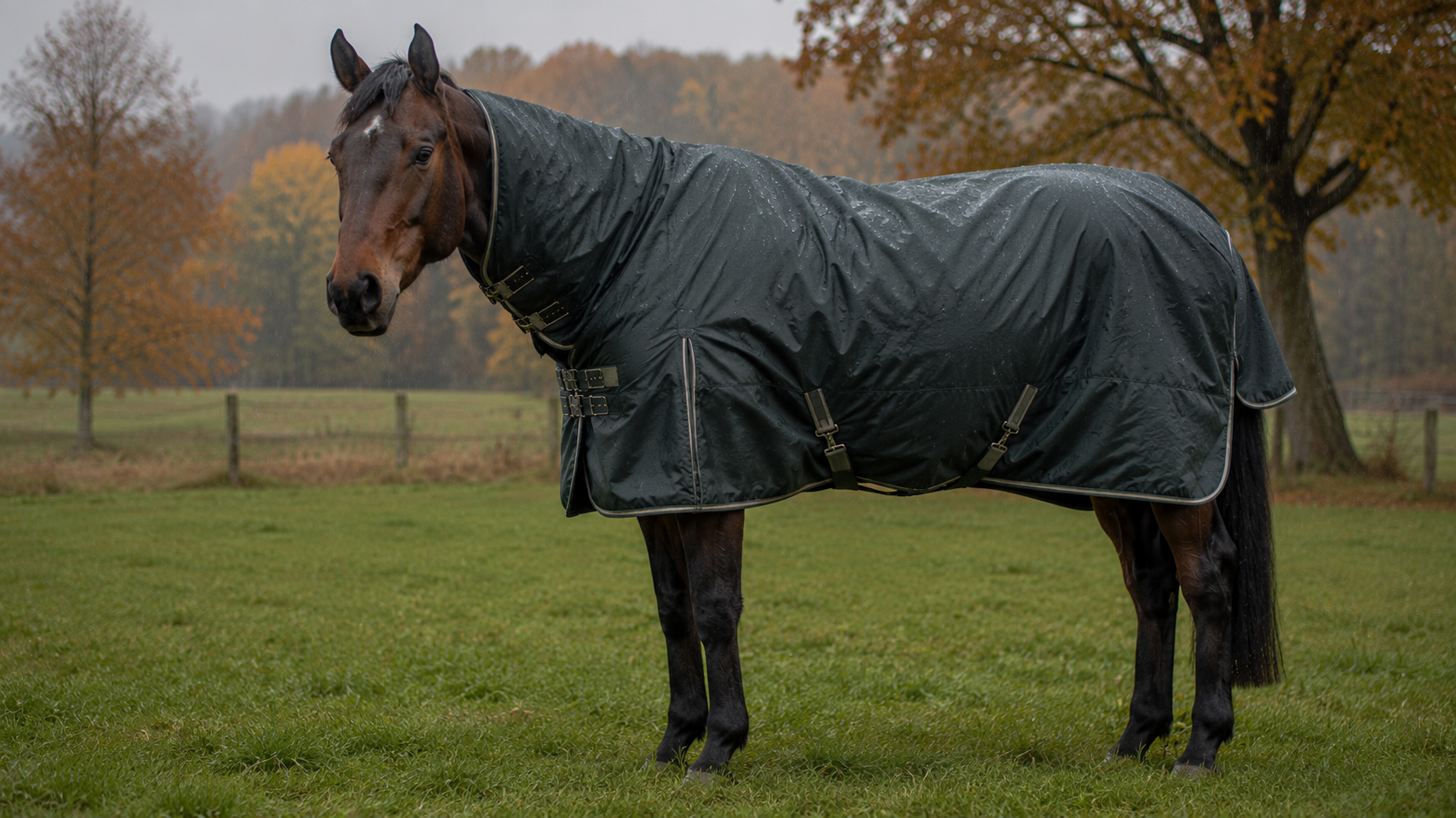 Pferd mit Regendecke im Herbstregen – schützt vor Nässe ohne zu überhitzen