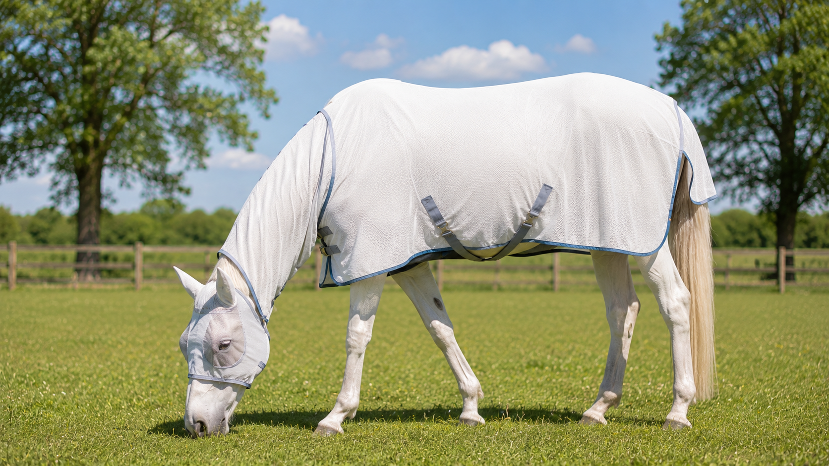 Pferd mit UV-Schutz Fliegendecke auf der Sommerweide