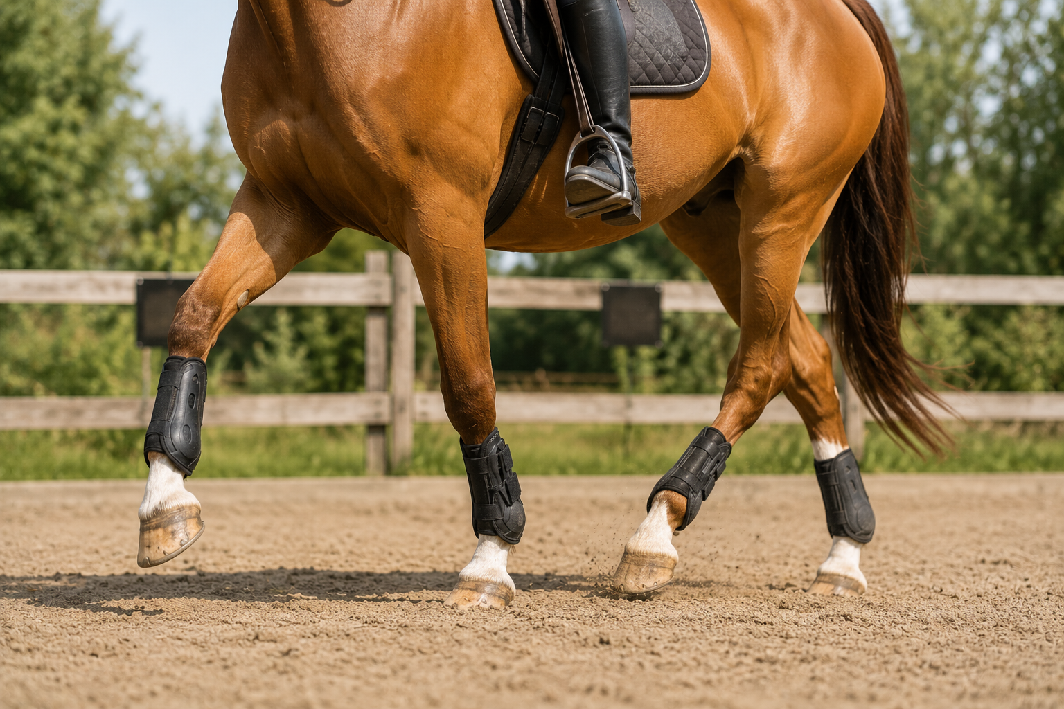 Pferd mit korrekt sitzenden atmungsaktiven Gamaschen im Training