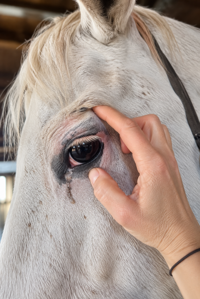 Tierarzt untersucht Pferdauge – Fliegenmaske bei Augenproblemen wichtig