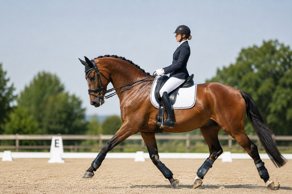 Warmblut-Pferd trabt auf Reitplatz mit dunklen Dressurgamaschen an allen vier Beinen